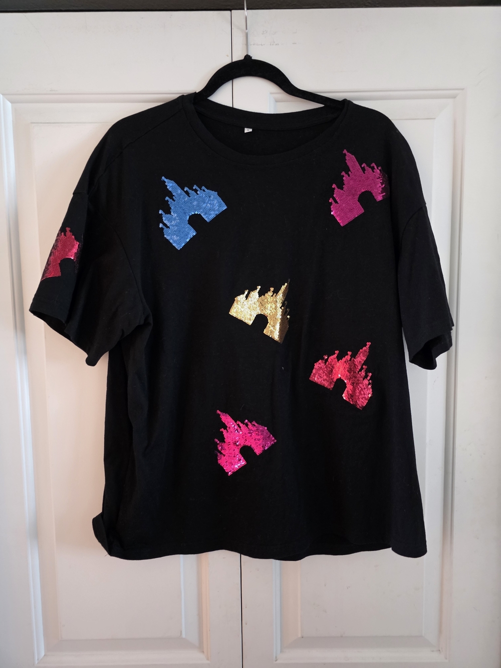 Black Tee with Metallic Castle Appliqués